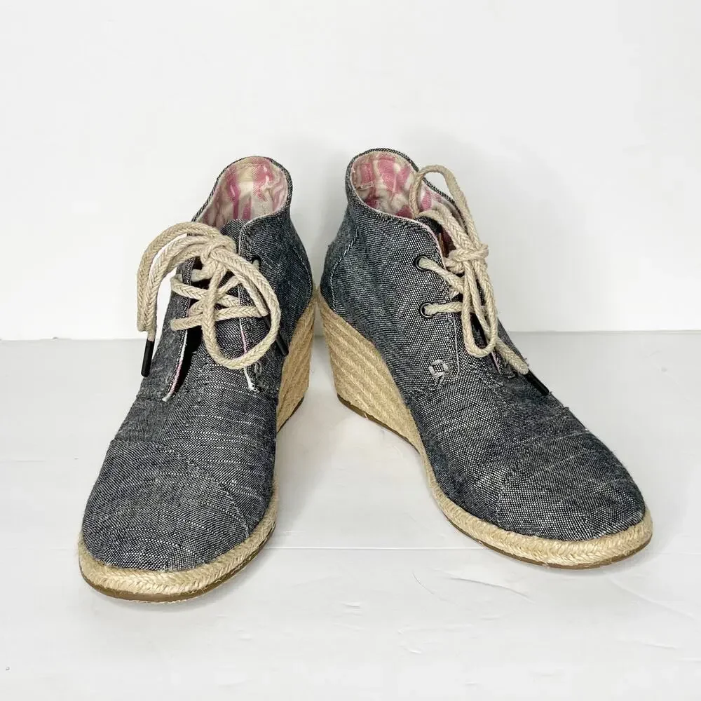TOMS Desert Chambray Wedge Chukka Bootie Lace-Up Espadrille Gray Size Womens 6